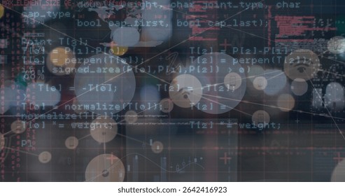 Displaying digital data dashboard visualization combining code overlay with network nodes and bokeh. Futuristic, technology, analytics, abstract, data, digital, visualization