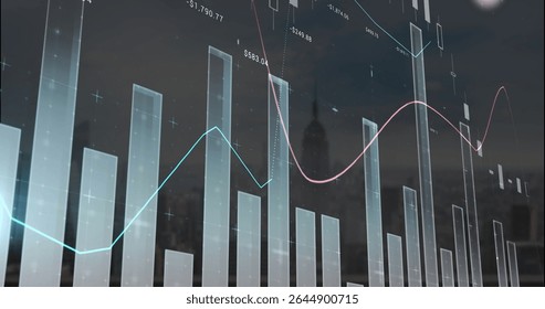 Displaying digital financial bars and trend lines over dusk skyline, with dollar labels plus nodes. Financial analysis, data visualization, urban design, modern technology, investment, economic