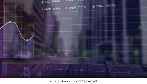 Displaying digital financial chart overlay at office, featuring colored trend lines. Technology, finance, analytics, business, data visualization, modern, corporate
