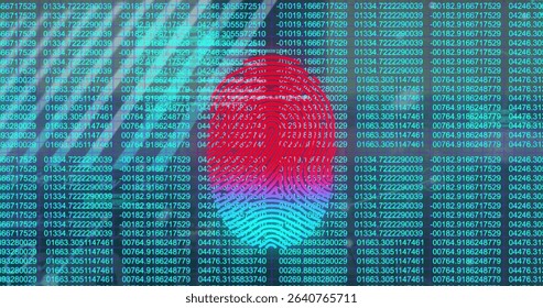 Displaying digital fingerprint graphic pulsing on computer screen, with green numeric code streams. Biometric, cybersecurity, futuristic, data visualization, technology, digital interface,