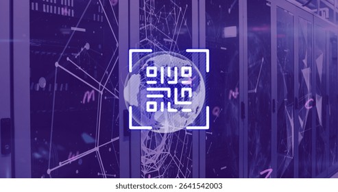Displaying digital globe rotating in data center aisle, with server racks and scanning square frame. Futuristic, technology, cybersecurity, innovation, digital, networking, abstract - Powered by Shutterstock - Get 15% off with code: PIKWIZARD15