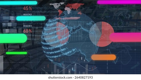 Displaying digital globe scrolling code text at control hub with color bars, percentages and graphs. Technology, analytics, data, visualization, futuristic, interface, innovation