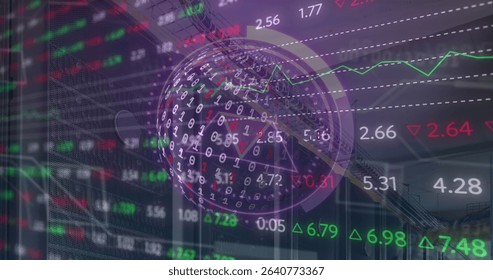 Displaying digital globe streaming binary code over corporate façade, with stock tickers. Data visualization, financial technology, corporate architecture, digital innovation, market analysis,