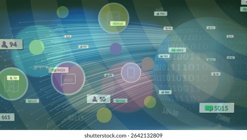 Displaying digital globe streaming binary code in virtual interface, with lines and social icons. Cyberspace, data visualization, digital network, information flow, futuristic, technology,