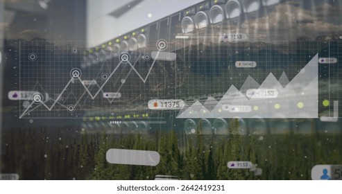 Displaying digital graphs and glowing LEDs across server racks in data center, with pine forest. Technology, data, analytics, network, infrastructure, visualization, environment