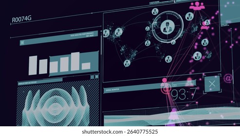 Displaying digital interface on widescreen monitor, with bar chart, network map, signal monitor. Futuristic, ui, technology, analytics, cyber, digital, dashboard - Powered by Shutterstock - Get 15% off with code: PIKWIZARD15