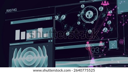 Displaying digital interface on widescreen monitor, with bar chart, network map, signal monitor. Futuristic, ui, technology, analytics, cyber, digital, dashboard