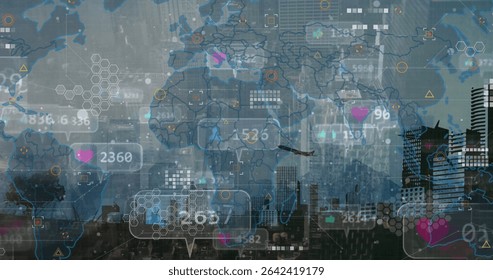 Displaying digital interface overlay over city skyline at dusk, with world map and data icons. Futuristic, urban, technology, data, network, analytics, visualization