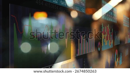 Displaying digital interface overlaying corporate corridor, with line graph, tickers and dashboards. Technology, analytics, innovation, business, data visualization, finance, modern
