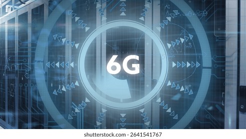 Displaying digital interface projecting glowing 6G text in server rack room, with translucent HUD. Technology, networking, innovation, cybersecurity, digital, neon, futuristic - Powered by Shutterstock - Get 15% off with code: PIKWIZARD15