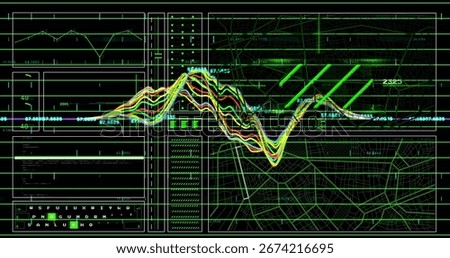 Displaying digital interface showing multicolored waveform chart and numeric data panels in console. Technology, analytics, visualization, data, digital, futuristic, innovation