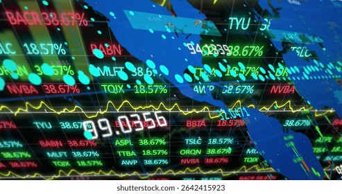 Displaying digital market data overlay on trading interface, with ticker symbols and data points. Technology, analytics, innovation, finance, dashboard, intelligence, connectivity
