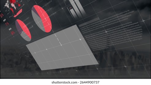 Displaying digital overlay hovering over cityscape, showing pie charts, bar graphs, world map. Futuristic, data visualization, infographic, urban, technology, modern, digital