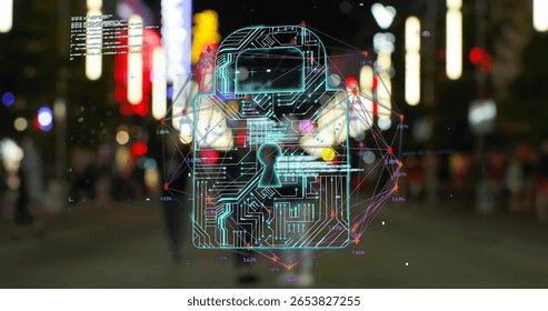 Displaying digital padlock icon with circuit board nodes glowing over nighttime street, neon bars. Cybersecurity, urban, technology, network, connectivity, innovation, nightscape