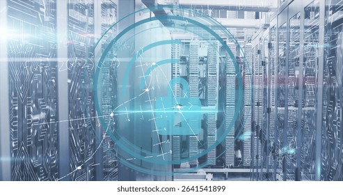 Displaying digital padlock icon overlaying IT room aisle with patch cables and circuit overlays. Cybersecurity, data center, network infrastructure, digital security, server technology, technology