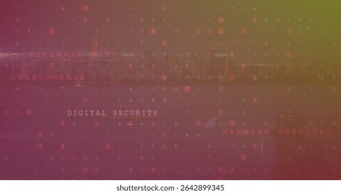 Displaying DIGITAL SECURITY text occupying center on screen, with code grid, malware warnings. Cybersecurity, data protection, digital interface, technology, network, alert, modern