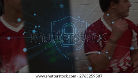 Displaying digital shield with padlock overlaying team bench with two teens sitting in red jerseys. Security, encryption, network, holographic, futuristic, athletic, lockerroom