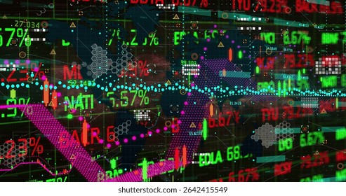 Displaying digital stock market interface on trading screen, with candlestick bars and arrow icons. Finance, technology, data visualization, dashboards, analytics, investment, innovation