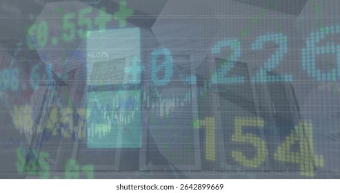 Displaying digital stock ticker overlay covering city skyline with candlestick charts, numeric data. Finance, urban, technology, data, professional, modern, investment