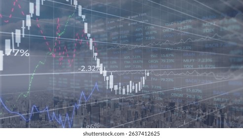 Displaying digital trading data overlay at city skyline, with candlestick bars, percentage markers. Futuristic, analytics, financial, technology, urban, data visualization, abstract