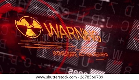 Displaying digital warning interface streaming code on high-tech monitor, with radioactive symbol. Alert, cybersecurity, modern, technology, interface, digital, security