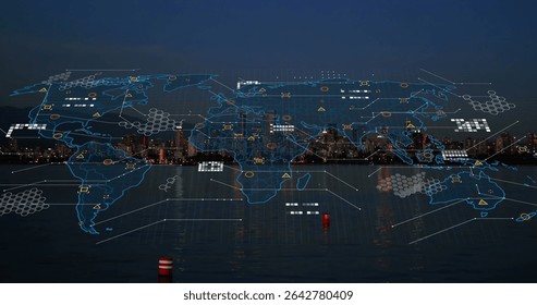Displaying digital world map overlay floating over waterfront city skyline, with icons and buoys. Futuristic, urban, technology, network, connectivity, digital, abstract