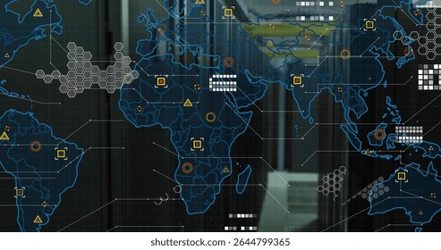 Displaying digital world map overlay on transparent panel in high rise office, with hexagonal icons. Futuristic, technology, connectivity, data visualization, business, corporate, modern - Powered by Shutterstock - Get 15% off with code: PIKWIZARD15