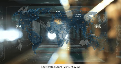 Displaying digital world map projection on glass corridor wall, with hex grid nodes and data lines. Futuristic, technology, data visualization, networking, innovation, corporate, abstract