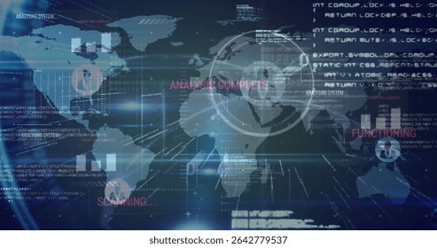 Displaying digital world map in virtual control room, with scanning rings and charts animating. Futuristic, technology, data visualization, interface, holographic, digital, analytics