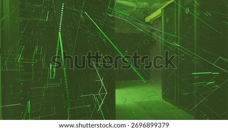 Displaying dim interior corridor projecting neon-green digital grid with tiles, pillars, dark walls. Futuristic, cyberpunk, digital, technological, abstract, neon, immersive