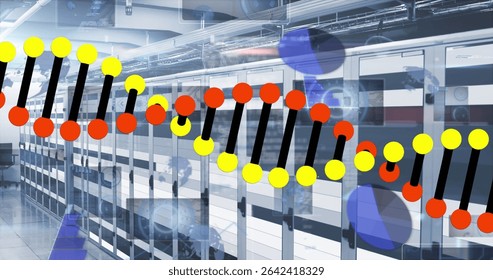 Displaying DNA helix graphic in server room showcasing server cabinets, cable trays, blue spheres. Technology, innovation, cybersecurity, digital, futuristic, network, science