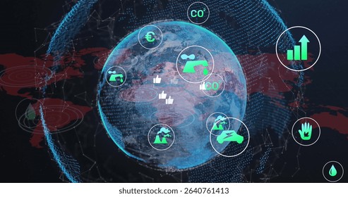 Displaying dotted globe graphic rotating in dark data dashboard, with CO₂, factory, car icons. Sustainability, climatechange, renewable, technology, dataanalytics, innovation, environmentalism - Powered by Shutterstock - Get 15% off with code: PIKWIZARD15