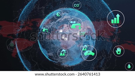 Displaying dotted globe graphic rotating in dark data dashboard, with CO₂, factory, car icons. Sustainability, climatechange, renewable, technology, dataanalytics, innovation, environmentalism