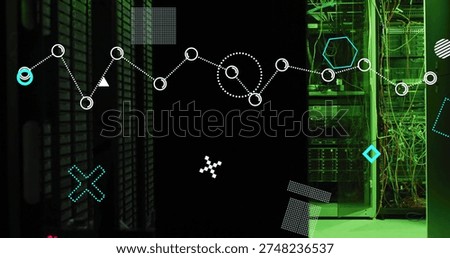 Displaying dotted network graph occupying center in server room, showing open cabinet and cables. Racks, nodes, overlay, geometry, neon, teal, analytics
