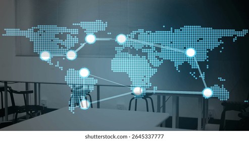 Displaying dotted world map graphic over conference room window, showing glowing nodes and lines. Global connectivity, data visualization, modern workspace, digital network, corporate environment,