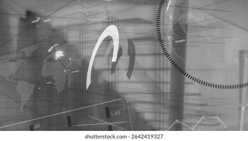 Displaying double-arched logo icon overlaying interface in office, with wireframe map and globe. Technology, data visualization, corporate, innovation, analytics, digital, futuristic
