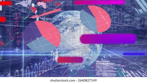 Displaying Earth globe floating over digital dashboard, with pie, bar and line chart overlays. Technology, analytics, data visualization, finance, innovation, futurism, corporate