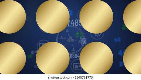 Displaying eight golden circles in two rows on dashboard, with interface icons and numeric readouts. Futuristic, technology, data visualization, abstract, digital interface, infographic, modern