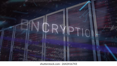 Displaying encryption graphics over core server racks in server room, emphasizing data security. Technology, cybersecurity, digital, industrial, futuristic, secure, data