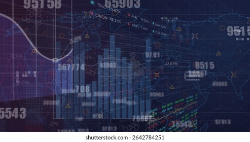 Displaying finance dashboard on dark themed GUI, with vertical bar chart and curved line graph. Data analytics, finance, investment, data visualization, technology, dashboard, digital interface