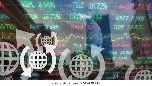 Displaying finance floating at digital trading display, with tickers percent values and globe icons. Finance, technology, globalization, data visualization, connectivity, investment, business