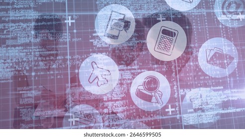 Displaying finance icons in code interface with calculator plane magnifier folder report coins. Technology, data, analytics, digital, innovation, cybersecurity, immersive