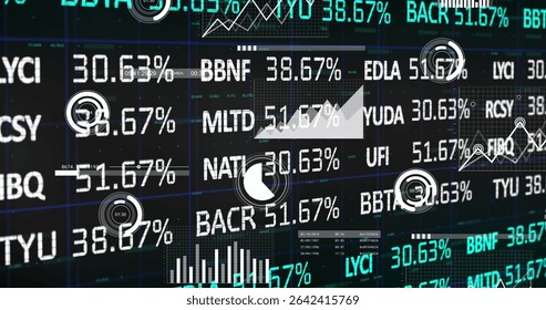 Displaying financial dashboard on dark grid, featuring stock ticker symbols and percentage readouts. Financial, analytics, data visualization, technology, digital, investment, modern