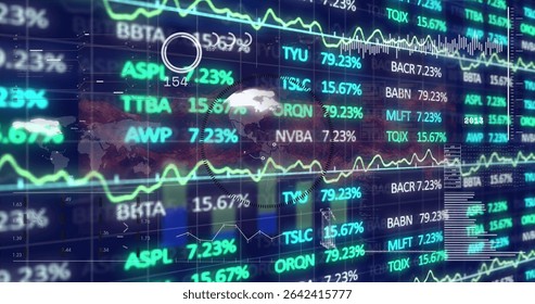Displaying financial dashboard on screen with scrolling tickers, percent values and globe overlay. Futuristic, data visualization, analytics, technology, finance, digital, high-tech