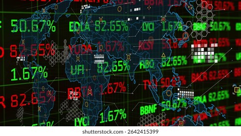 Displaying financial dashboard showing stock tickers and percentage values over map outline. Financial, analytics, neon, technology, data, digital, network - Powered by Shutterstock - Get 15% off with code: PIKWIZARD15