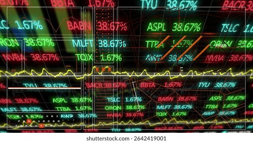 Displaying financial dashboard showing stock tickers and percentages, with yellow line graphs, bars. Tech, finance, analytics, user interface, futuristic, neon, data - Powered by Shutterstock - Get 15% off with code: PIKWIZARD15