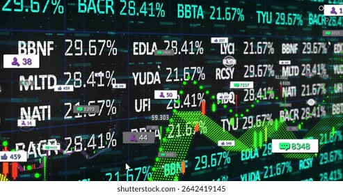 Displaying financial dashboard at trading terminal, with rising arrow chart and social metrics. Technology, analytics, data, finance, investment, digital, interface