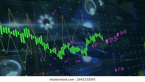 Displaying financial data across dashboard with green candlestick yellow trendline pink timestamps. Futuristic, technology, data, visualization, dashboard, analytics, digital