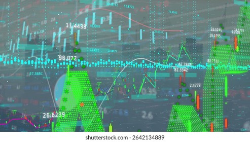 Displaying financial data over trading floor, with multicolor candlesticks, graphs and data points. Financial, analytics, modern, technology, business, investment, digital