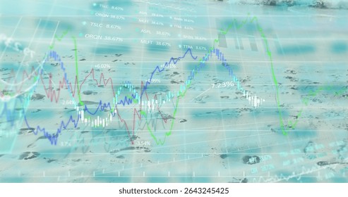 Displaying financial data overlay on beach, with colored line charts, grid, percentages, footprints. Digital, analytics, minimalist, finance, coastal, data visualization, professional